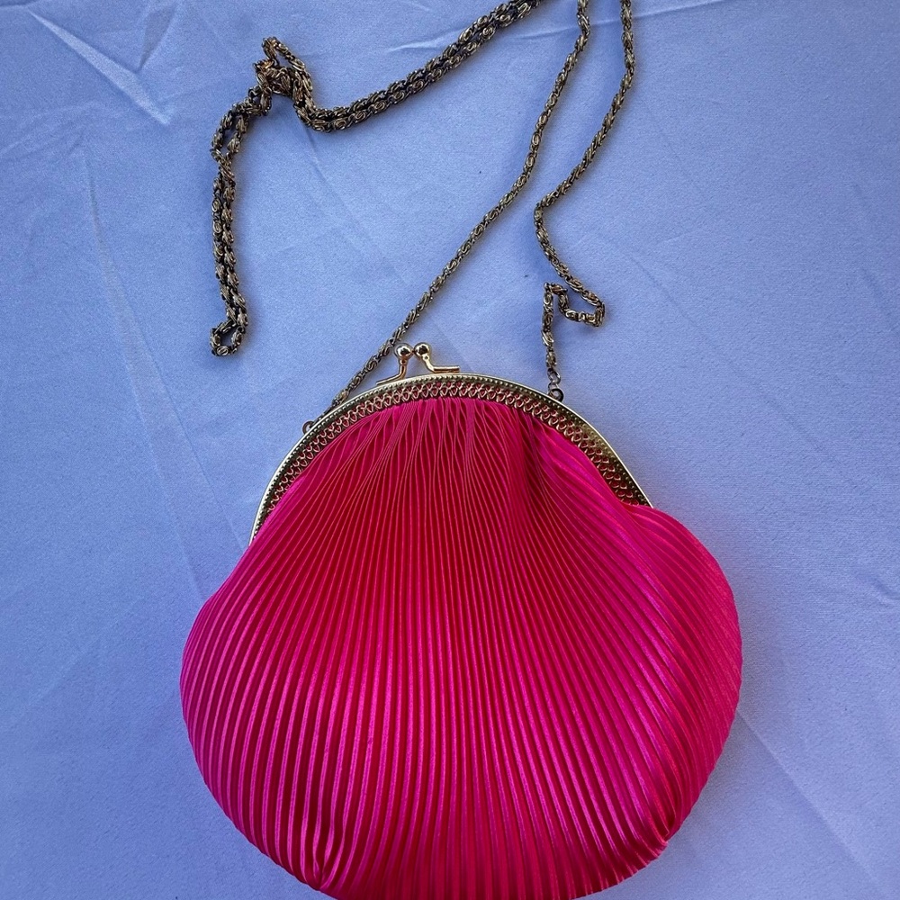 Vibrant Pink Shell Clutch with Pleated Texture